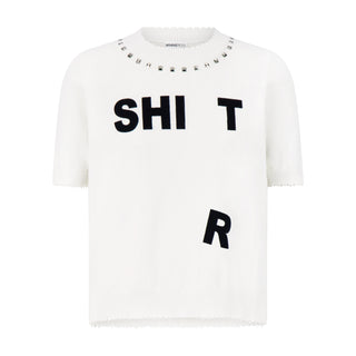 Cotton Cashmere Shi*t Frayed Edge Tee with Studs - White