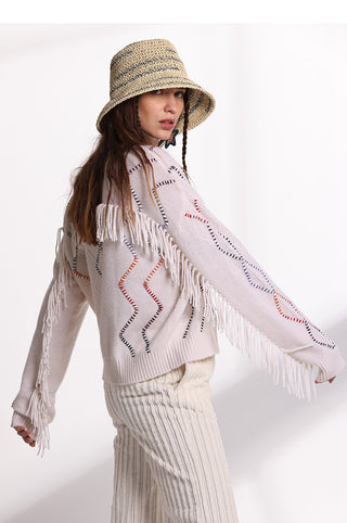 Cashmere Cable Corded Detail Fringe Pullover