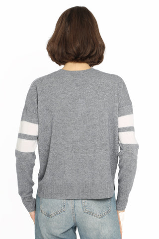 Cashmere V Neck Pullover with Stripe Arm Detail-Grey Shadow / White