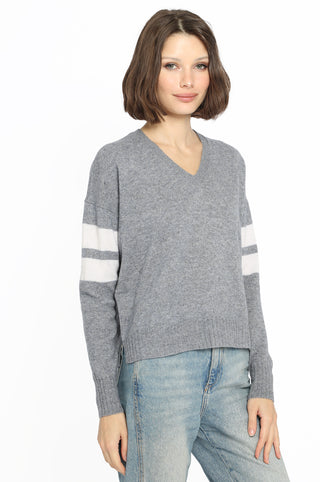Cashmere V Neck Pullover with Stripe Arm Detail-Grey Shadow / White