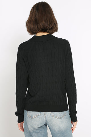 Cotton V-Neck Cable Pullover with Collar - Black