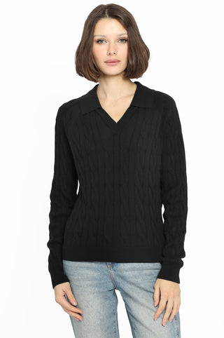 Cotton V-Neck Cable Pullover with Collar