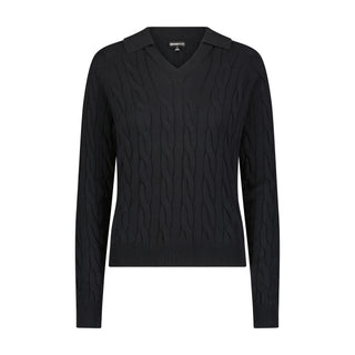 Cotton V-Neck Cable Pullover with Collar - Black