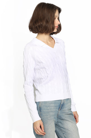 Cotton V-Neck Cable Pullover with Collar - White