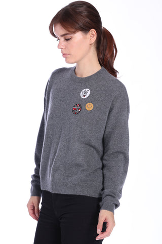 Cashmere Boxy Pullover w/Patches- Charcoal Grey