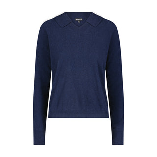 Cashmere V-Neck Pullover with Collar- Navy