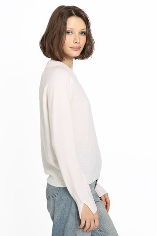 Cashmere V-Neck Pullover with Collar- White