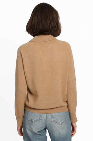 Cashmere V-Neck Pullover with Collar- Camel