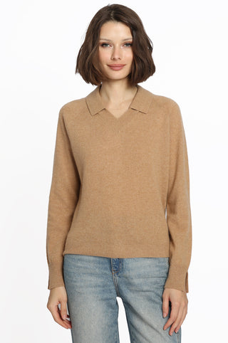 Cashmere V-Neck Pullover with Collar- Camel