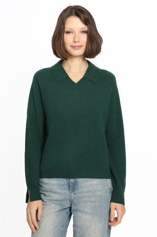 Cashmere V-Neck Pullover with Collar- Pine