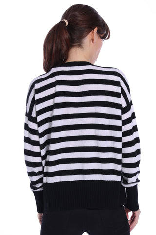 Cashmere Striped Pullover with Applique Detail- Black/White