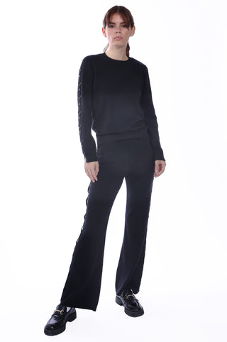 Cotton Cashmere Crew Neck Pullover with D-Ring Trim Detail - Black