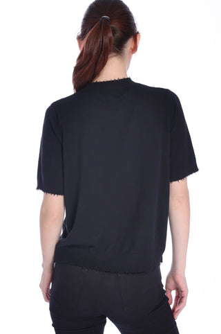 Cotton Cashmere Frayed Tee with Skull Embellishment - Black