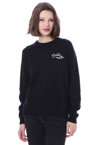 Cotton Cashmere Printed Crewneck Sweater w/ Embroidery - Black