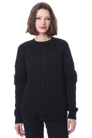 Cotton Cashmere Cable Crew w/Ottoman Stripe Sleeve Sweater - Black