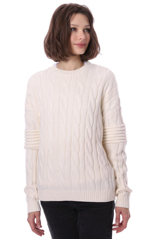 Cotton Cashmere Cable Crew w/Ottoman Stripe Sleeve Sweater - White