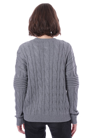 Cotton Cashmere Cable Crew w/Ottoman Stripe Sleeve Sweater - Grey Shadow
