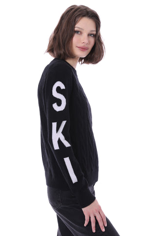 Cashmere Ski Bum Cable Crew Sweater- Black/White