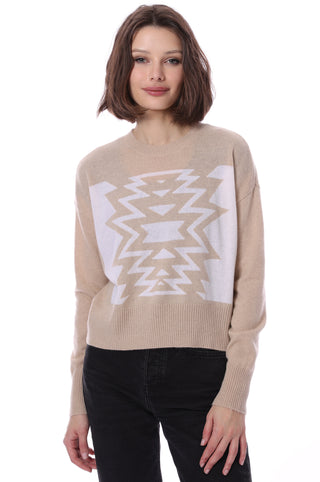 Cashmere Ski Out West Crew Cropped Pullover Sweater -Brown Sugar/White