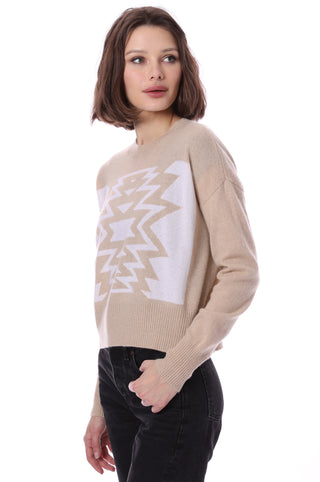 Cashmere Ski Out West Crew Cropped Pullover Sweater -Brown Sugar/White