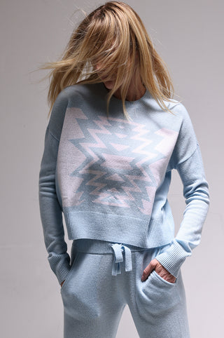 Cashmere Ski Out West Crew Cropped Pullover Sweater - Baby Blue/White