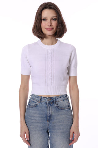 Cotton Cashmere Short Sleeve Cropped Center Cable Sweater - White
