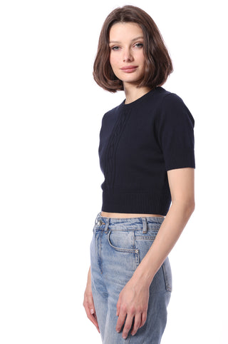 Cotton Cashmere Short Sleeve Cropped Center Cable Sweater - Navy