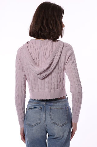 Cotton Cropped Frayed Cable Hoodie