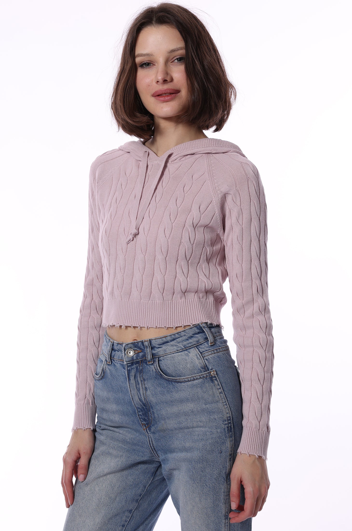 Cotton Cropped Frayed Cable Hoodie – Minnie Rose