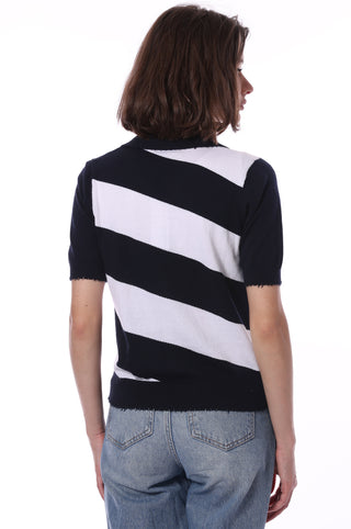 Cotton Cashmere Short Sleeve Striped Frayed Polo - Navy/White