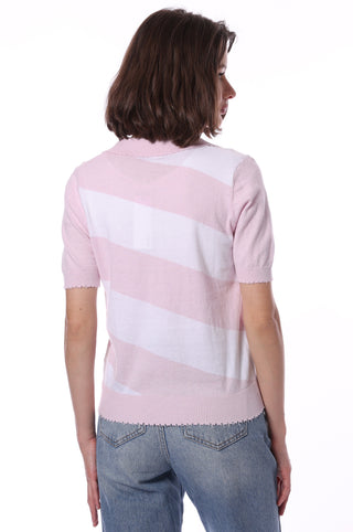 Cotton Cashmere Short Sleeve Striped Frayed Polo - Dior Pink/White