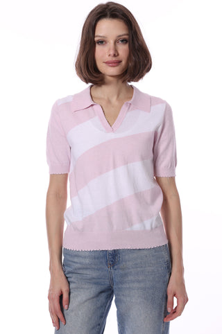 Cotton Cashmere Short Sleeve Striped Frayed Polo - Dior Pink/White
