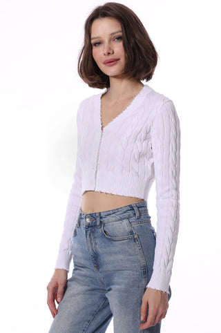 Cotton Cropped Cable Cardigan - white