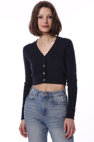 Cotton Cropped Cable Cardigan - navy