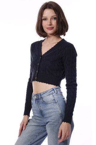 Cotton Cropped Cable Cardigan - navy