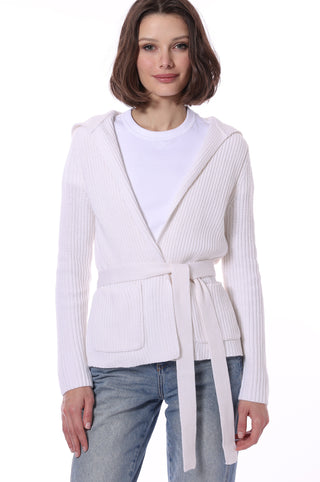 Cotton Cashmere Shaker Flyaway Cardigan with Pockets - White
