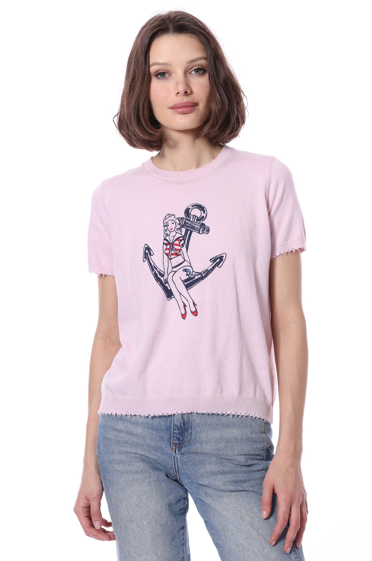 Cotton Cashmere Short Sleeve Printed Frayed Edge Tee Minnie Rose