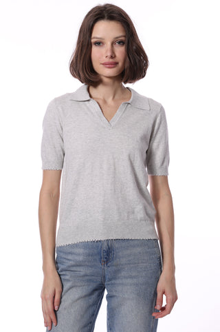 Cotton Cashmere Short Sleeve Frayed Polo - Light Heather Grey