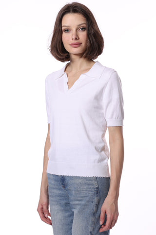 Cotton Cashmere Short Sleeve Frayed Polo - White
