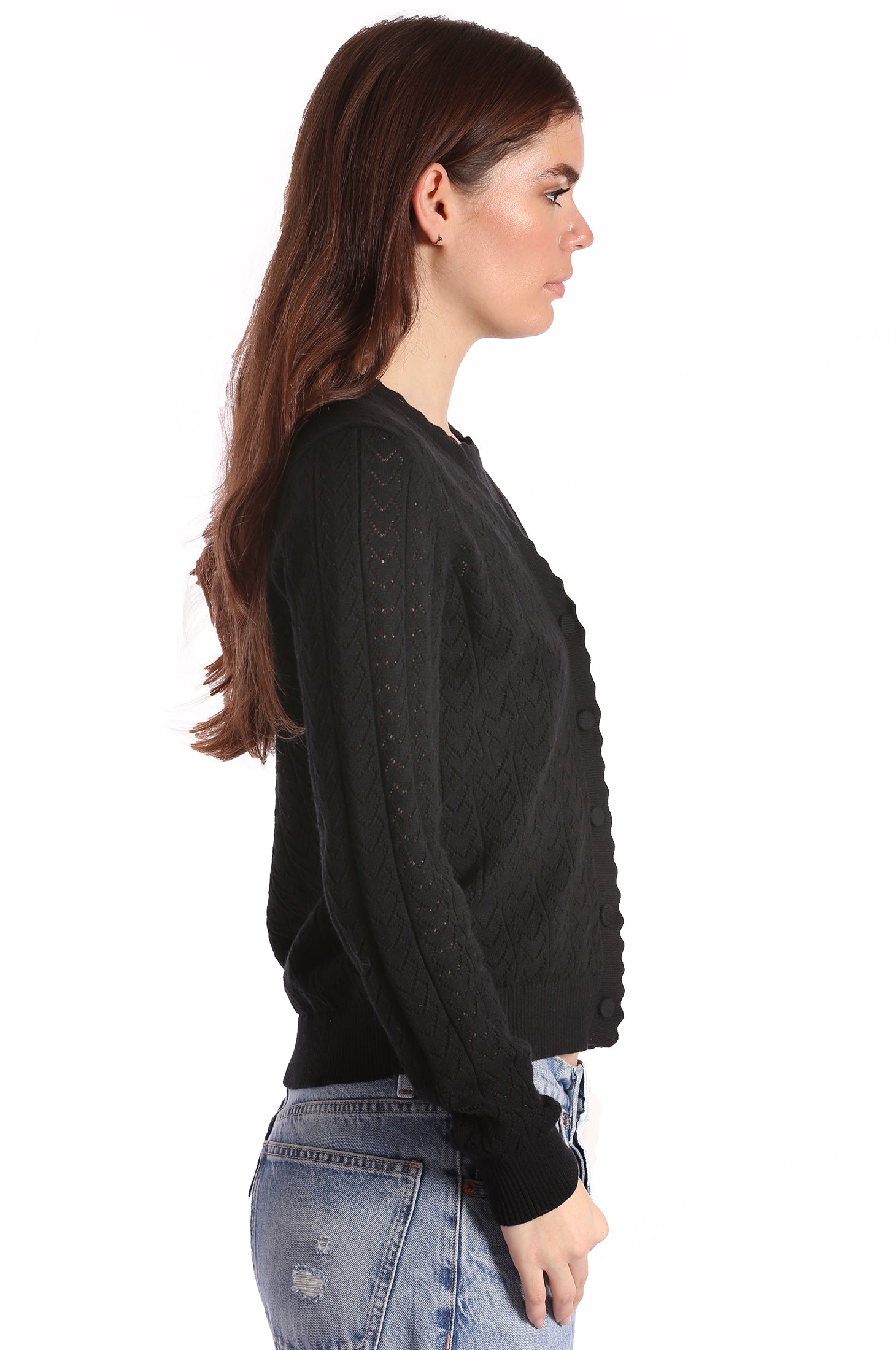 Cotton Cashmere Heart Pointelle Scalloped Cardigan