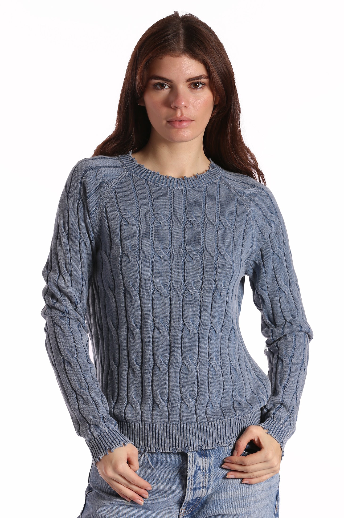 Cotton Stone Wash Distressed Cable Crew – Minnie Rose