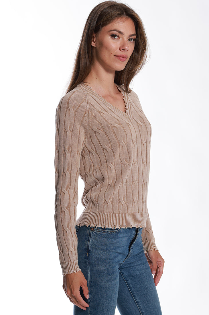 Cotton Stone Wash Distressed Cable V Nk Minnie Rose