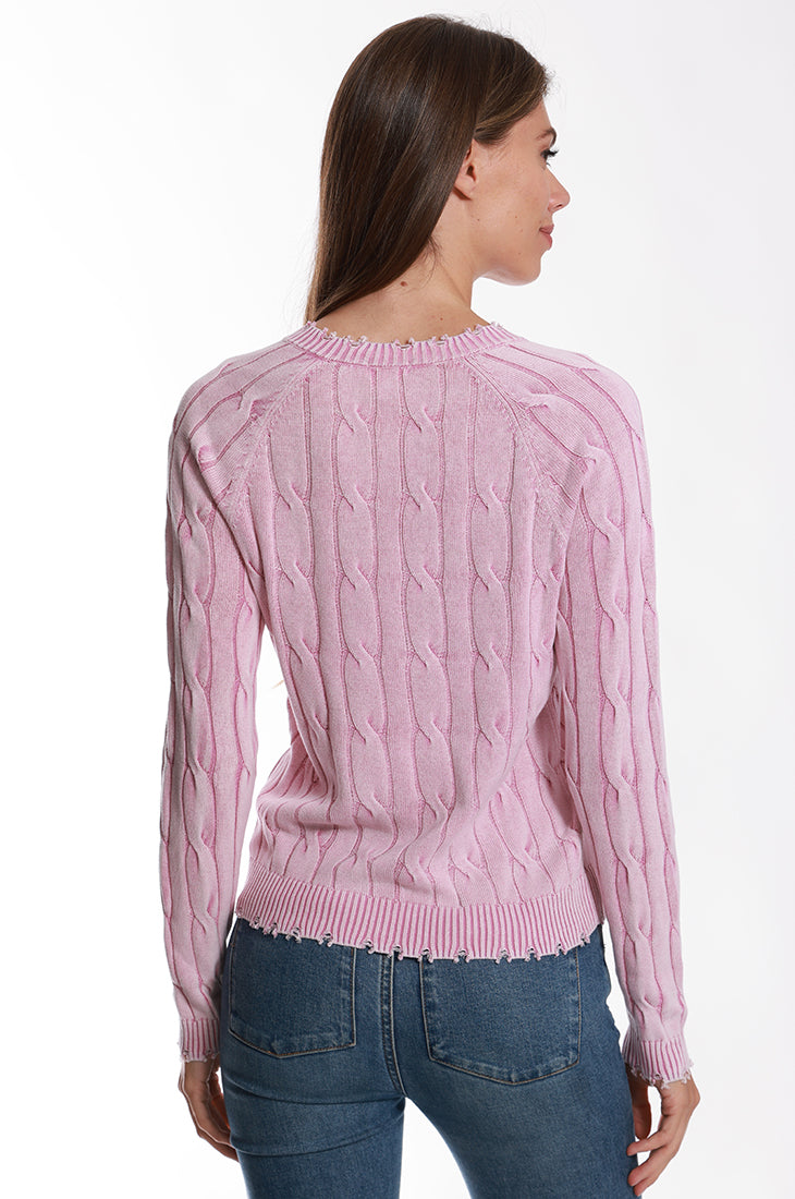 Cotton Stone Wash Distressed Cable V Nk
