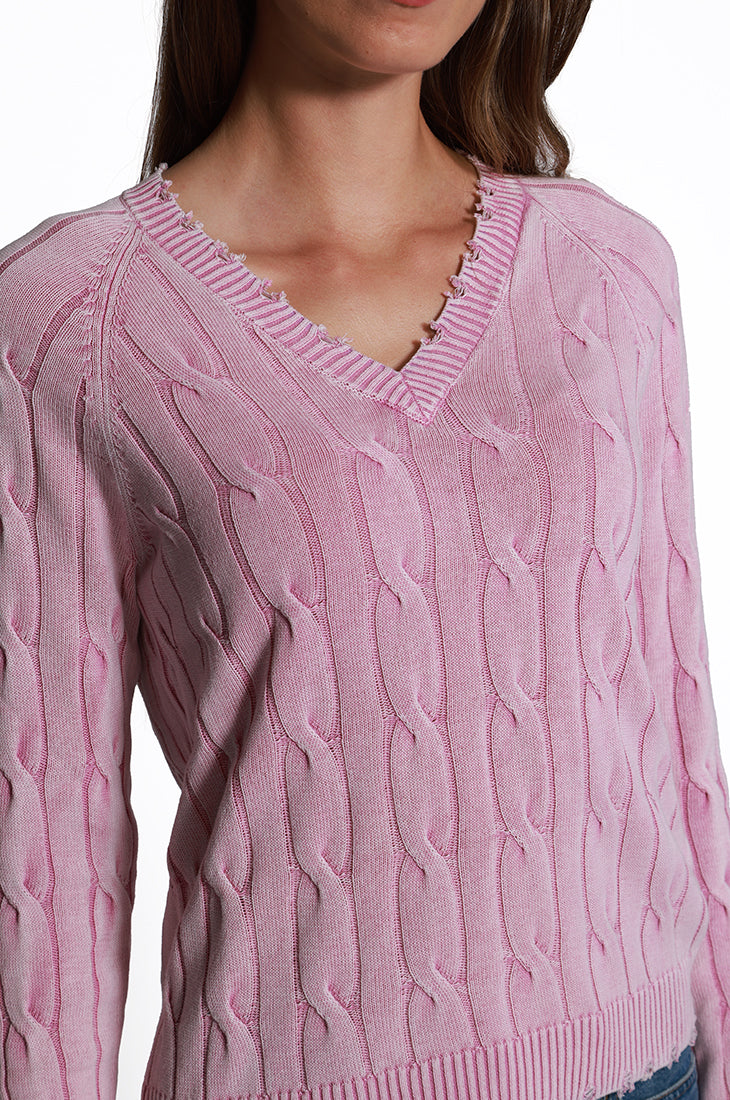 Cotton Stone Wash Distressed Cable V Nk – Minnie Rose