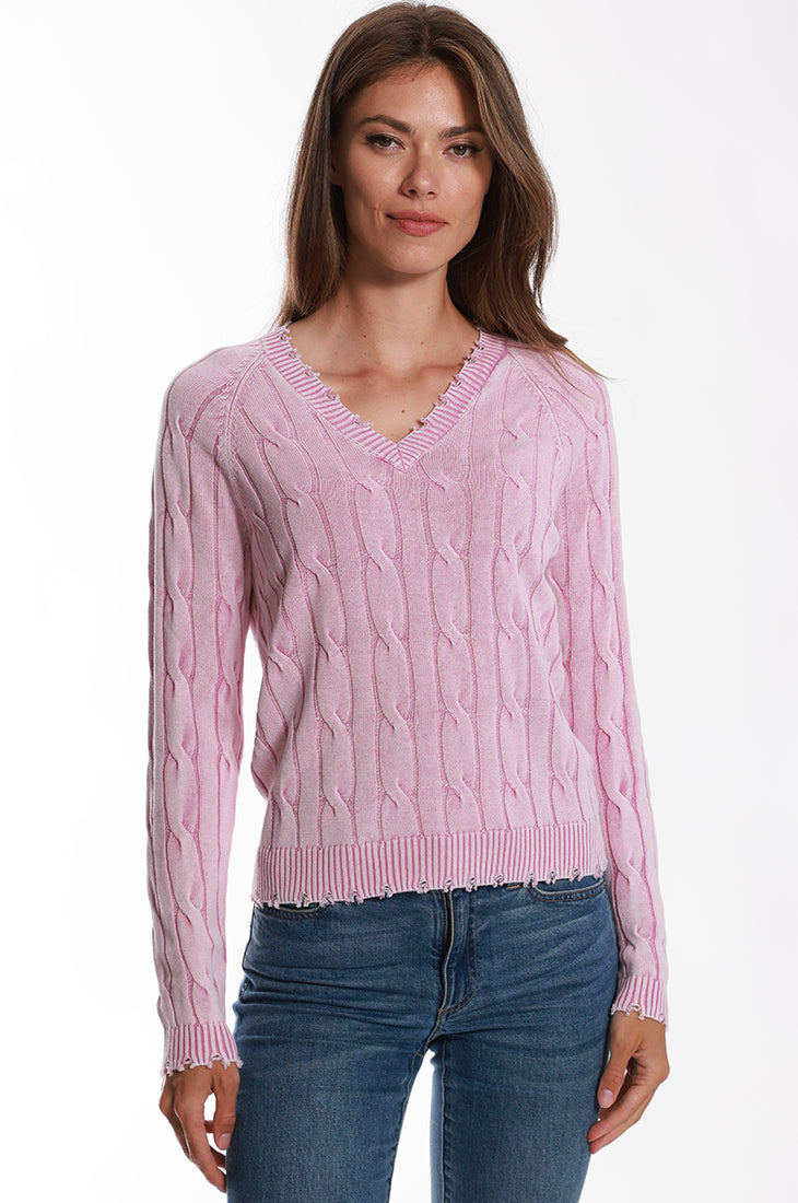 Cotton Stone Wash Distressed Cable V Nk – Minnie Rose