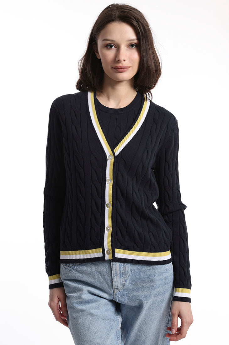 Cotton Cable Cardigan with Striped Detail – Minnie Rose
