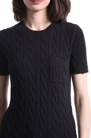 Black cable knit short sleeve tee with pocket close up front view