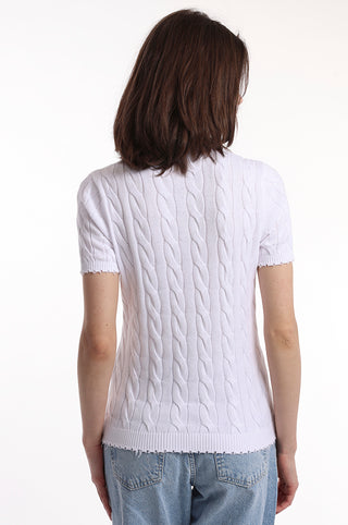 White cable knit short sleeve tee with pocket back view
