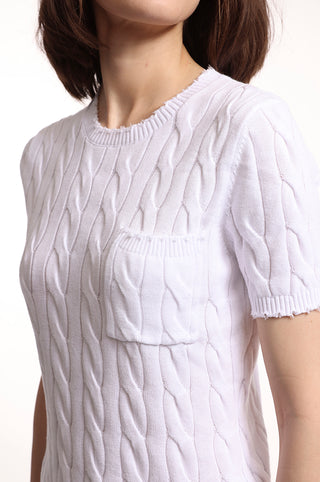 White cable knit short sleeve tee with pocket close up front