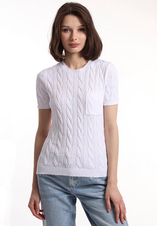 White cable knit short sleeve tee with pocket front view